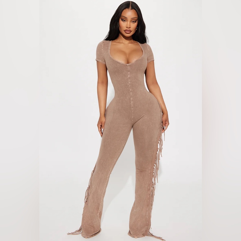 NWT Carry Me Higher Fringe Jumpsuit - Mocha